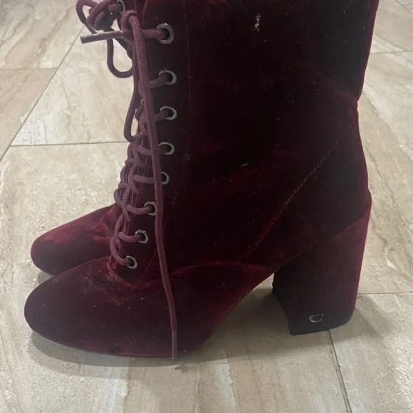 Coach Burgundy Lace Up Velvet Boots - Picture 1 of 4